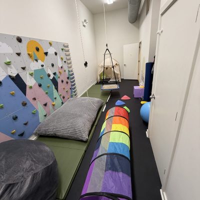 roscoe-sensory-gym Sensory gym with climbing wall and play tunnel at All Bright Therapies Roscoe Village