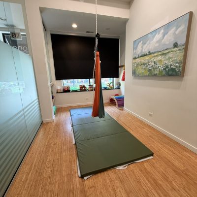 roscoe-therapy-gym Therapy gym with aerial swing at All Bright Therapies Roscoe Village clinic in Chicago