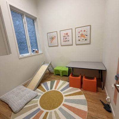 roscoe-therapy-room Therapy room with sunburst rug and slide at All Bright Therapies Roscoe Village